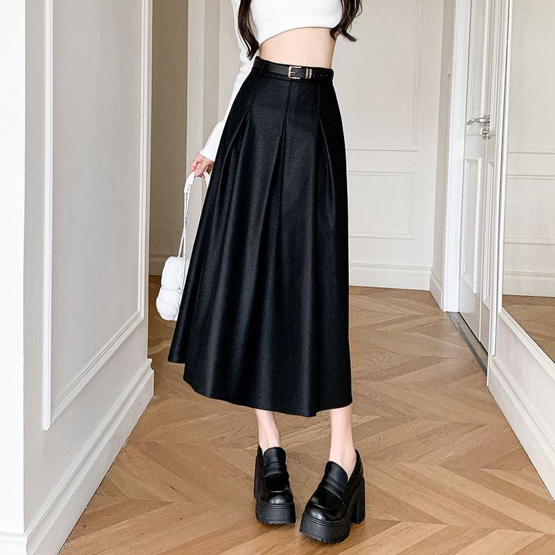 High Waist Plain Inverted Pleated Faux Leather Midi A-Line Skirt Product Image