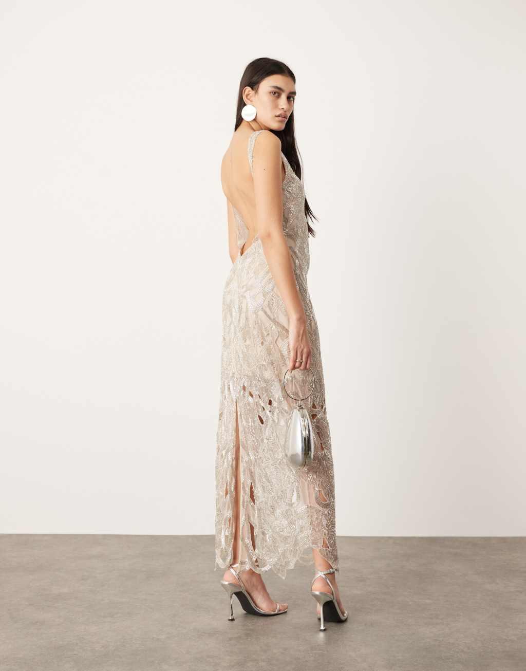 ASOS EDITION nouveau floral embellished low back maxi dress with cut work embroidery in silver Product Image