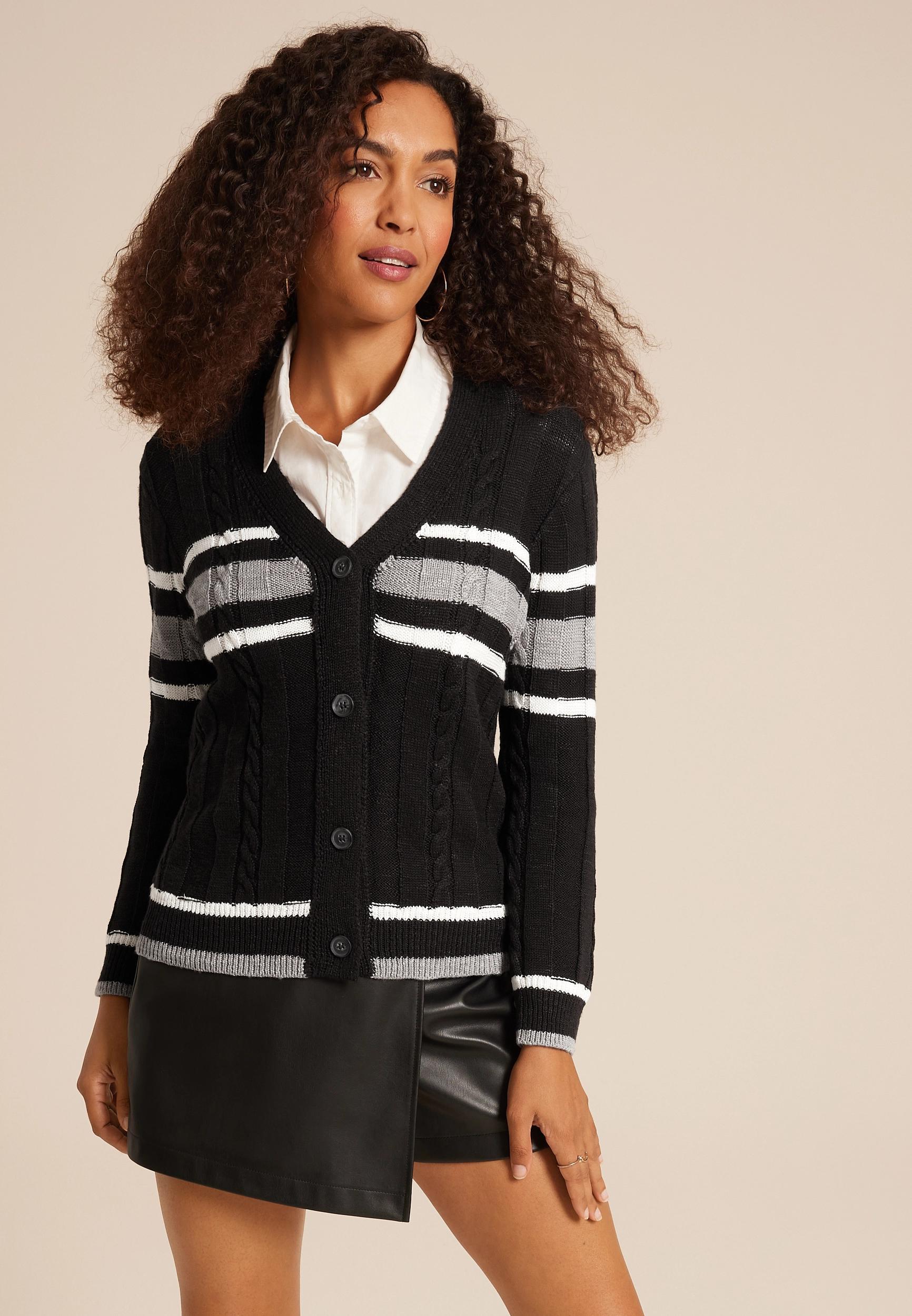 Maurices Womens Prep Striped Cable Knit Button Down Cardigan White Size X Small Product Image