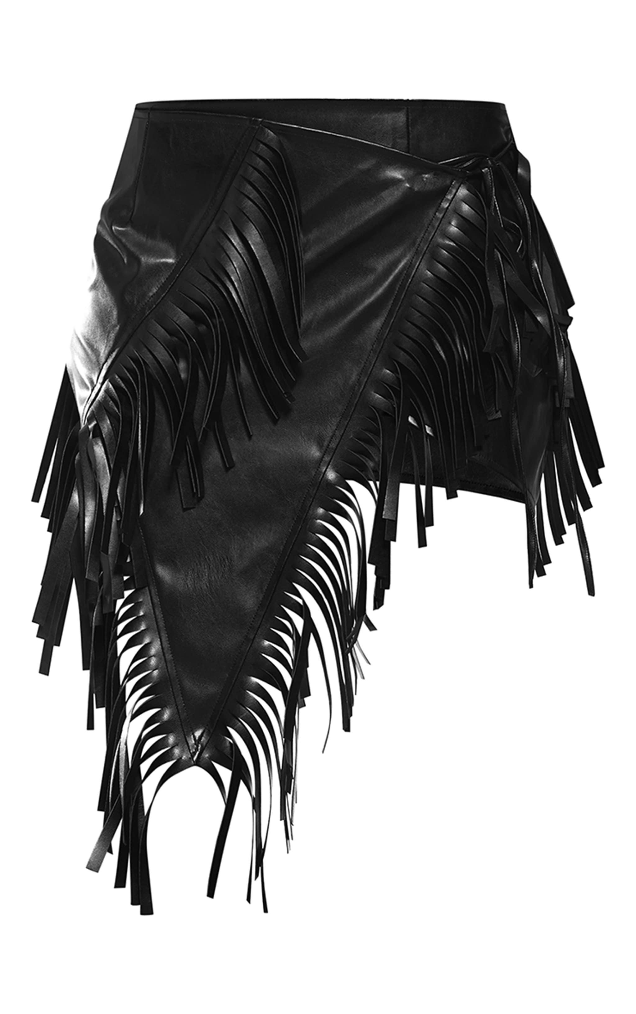 Black Faux Leather Fringed Mini Skirt Product Image