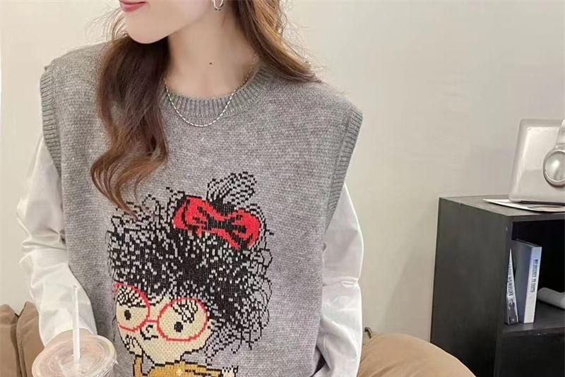 Crew Neck Cartoon Jacquard Sweater Vest Product Image