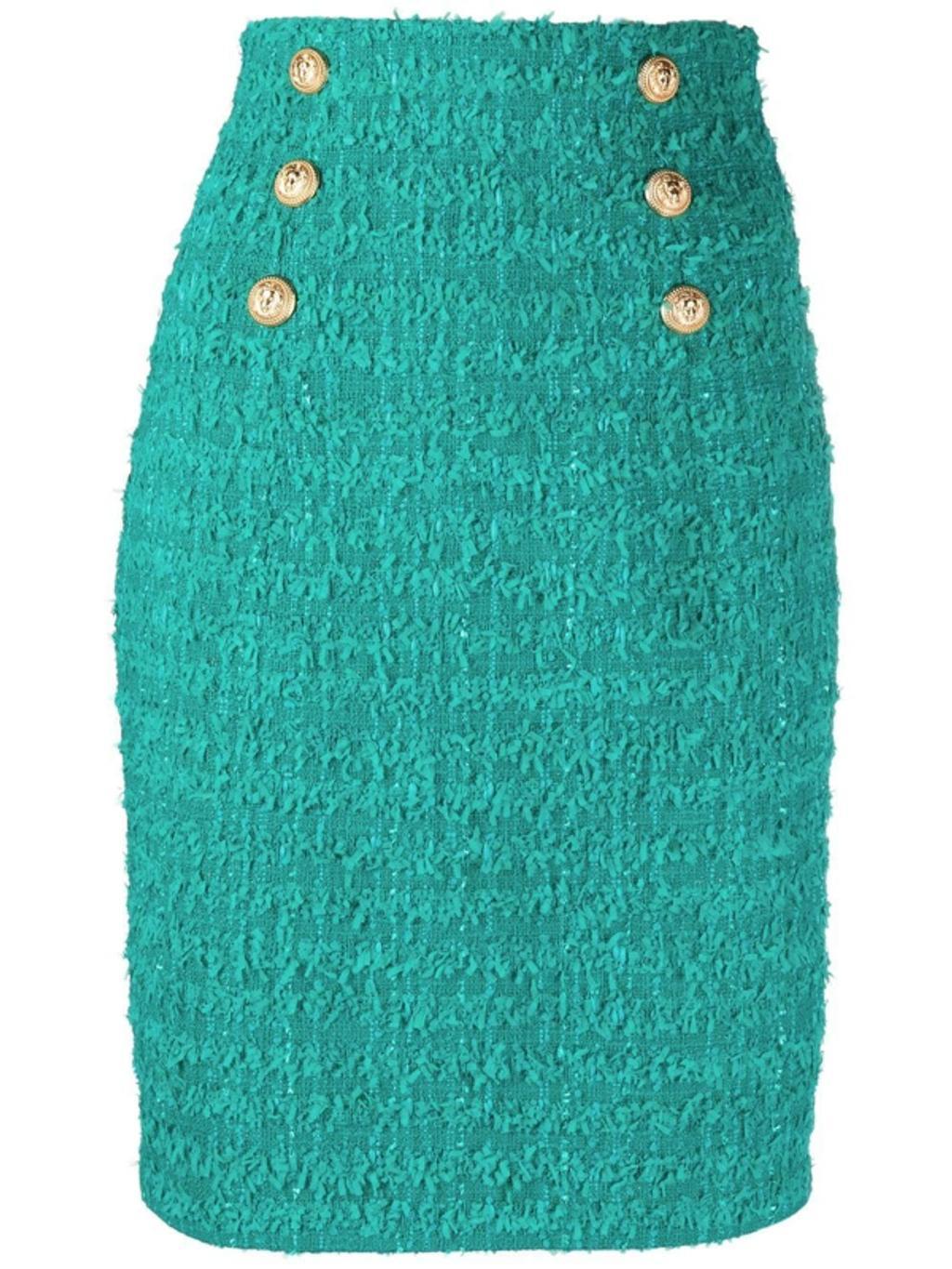 BALMAIN Logo Button Tweed Skirt In Green Product Image