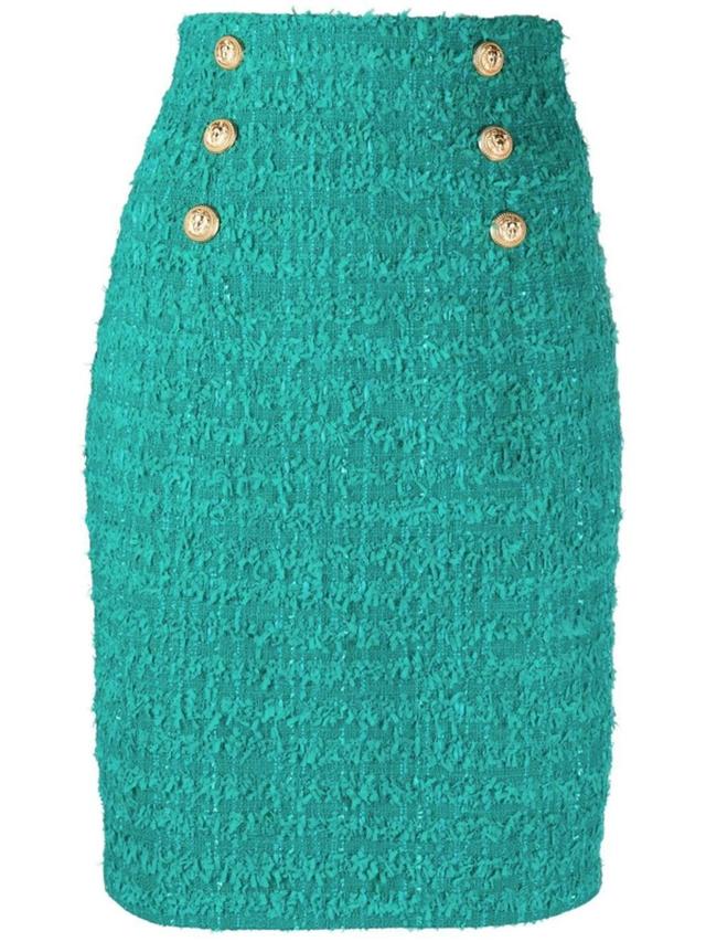 BALMAIN Logo Button Tweed Skirt In Green Product Image