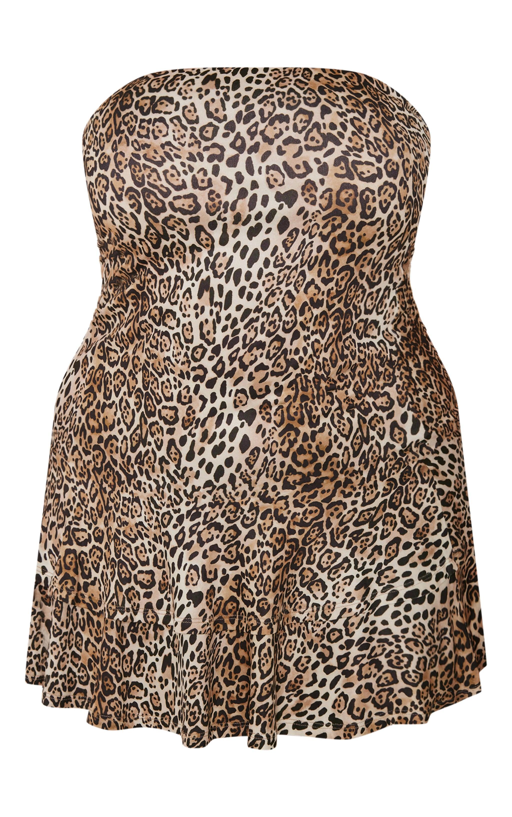 Plus Leopard Print Bandeau Puffball Mini Dress Product Image