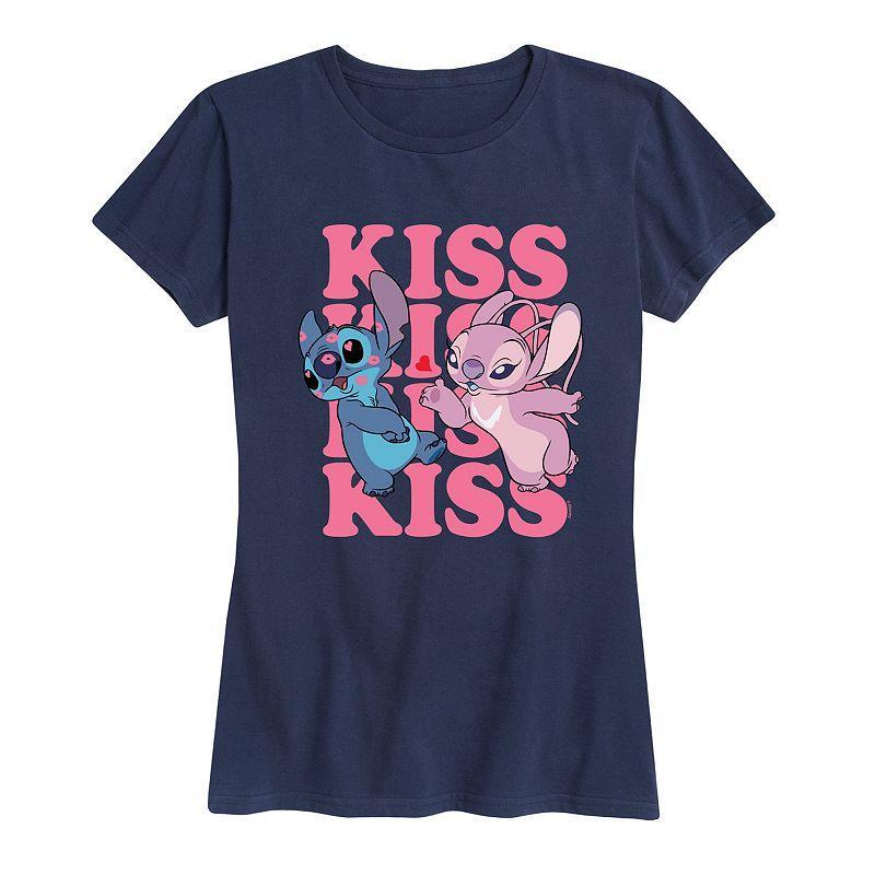 Disneys Lilo & Stitch Womens Kiss Repeated Graphic Tee Blue Product Image