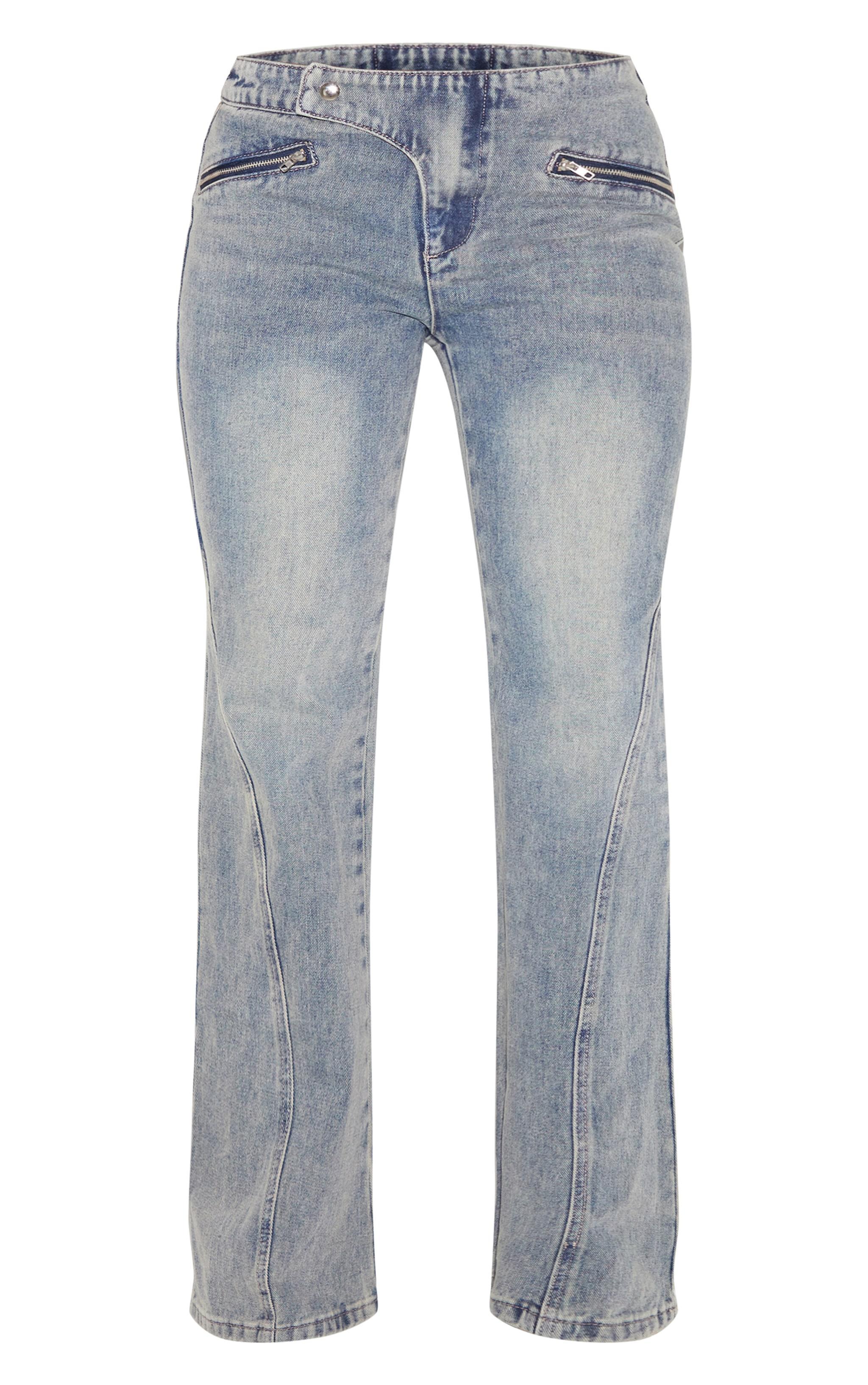 Vintage Asymmetric Waistband Jet Zip Detail Flared Jeans Product Image