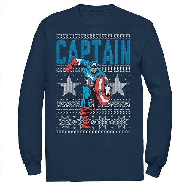 Mens Marvel Captain America Stars Ugly Christmas Sweater Tee Blue Product Image