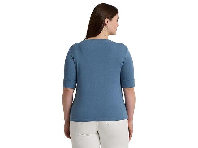 LAUREN Ralph Lauren Plus-Size Cotton-Blend Boatneck Top (Pale Azure) Women's Clothing Product Image