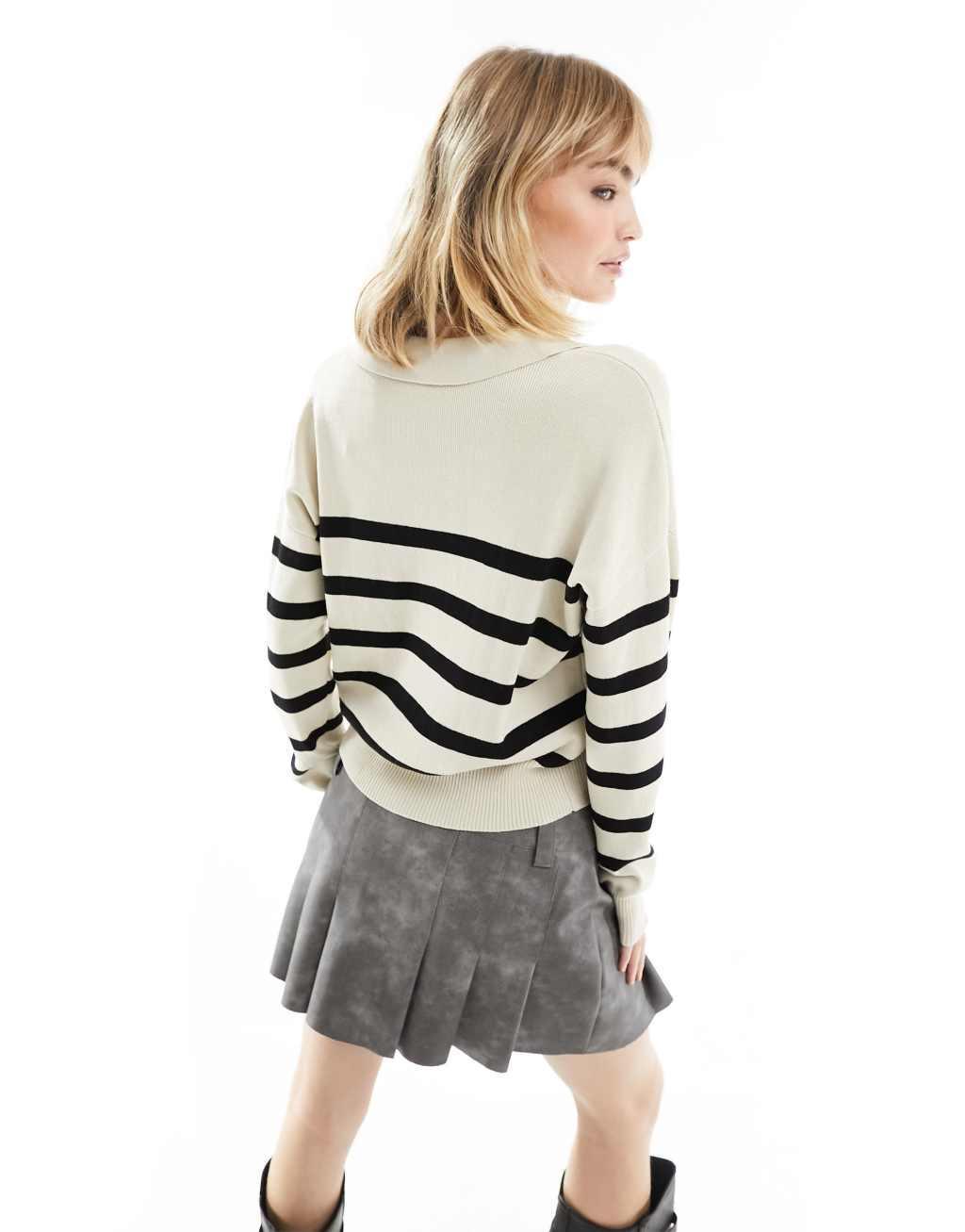 Noisy May knitted stripe polo in oatmeal Product Image