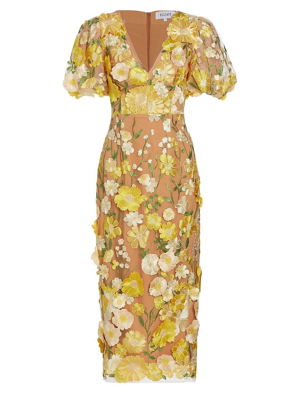 Womens Indie Floral Puff-Sleeve Midi-Dress Product Image