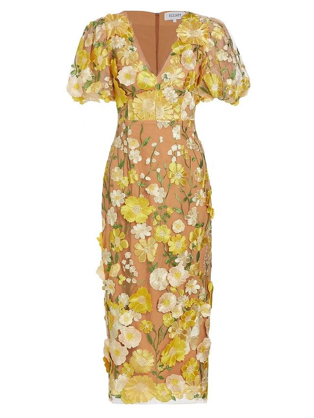 Womens Indie Floral Puff-Sleeve Midi-Dress Product Image