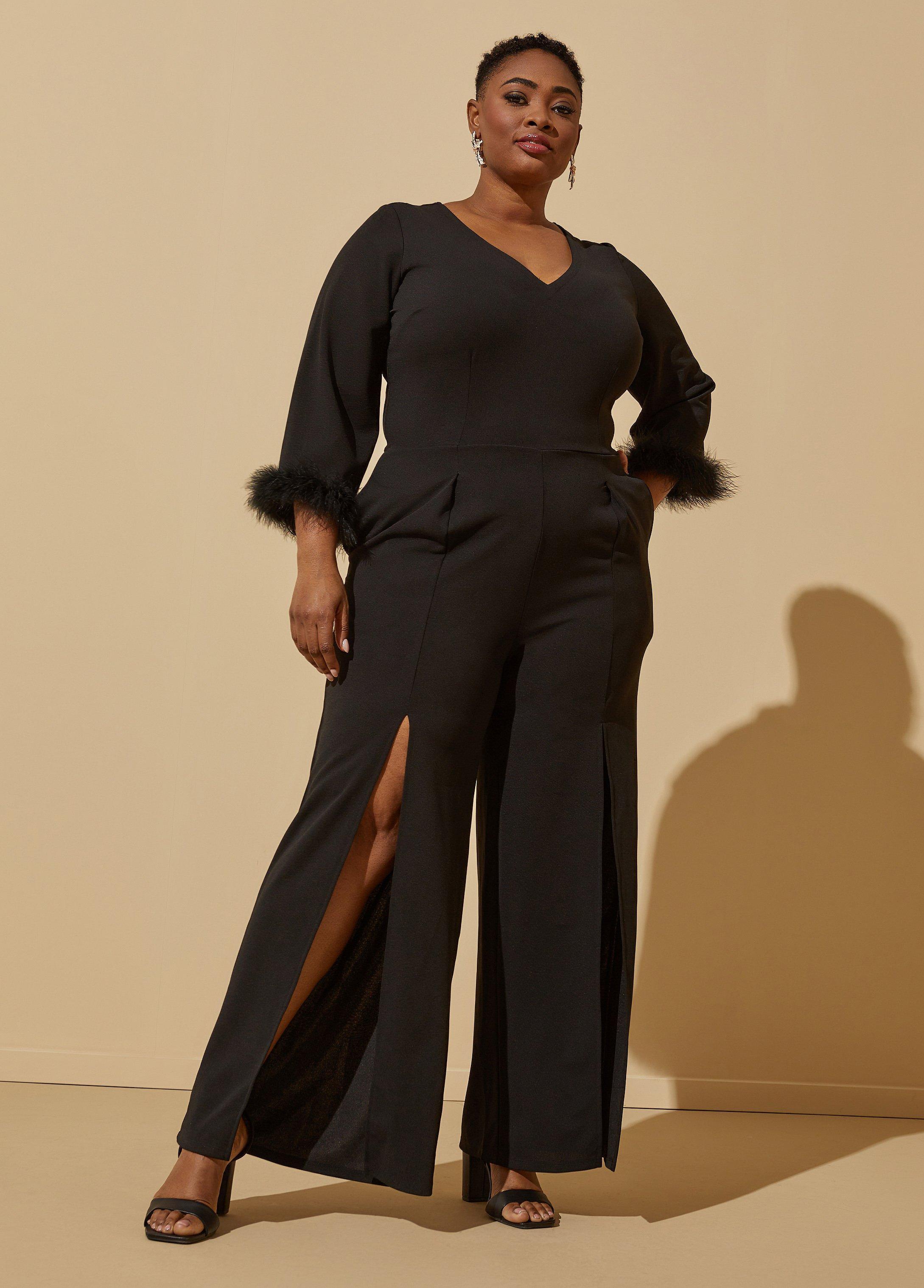 Plus Size Feather Trimmed Front Split Jumpsuit Ashley Stewart Product Image