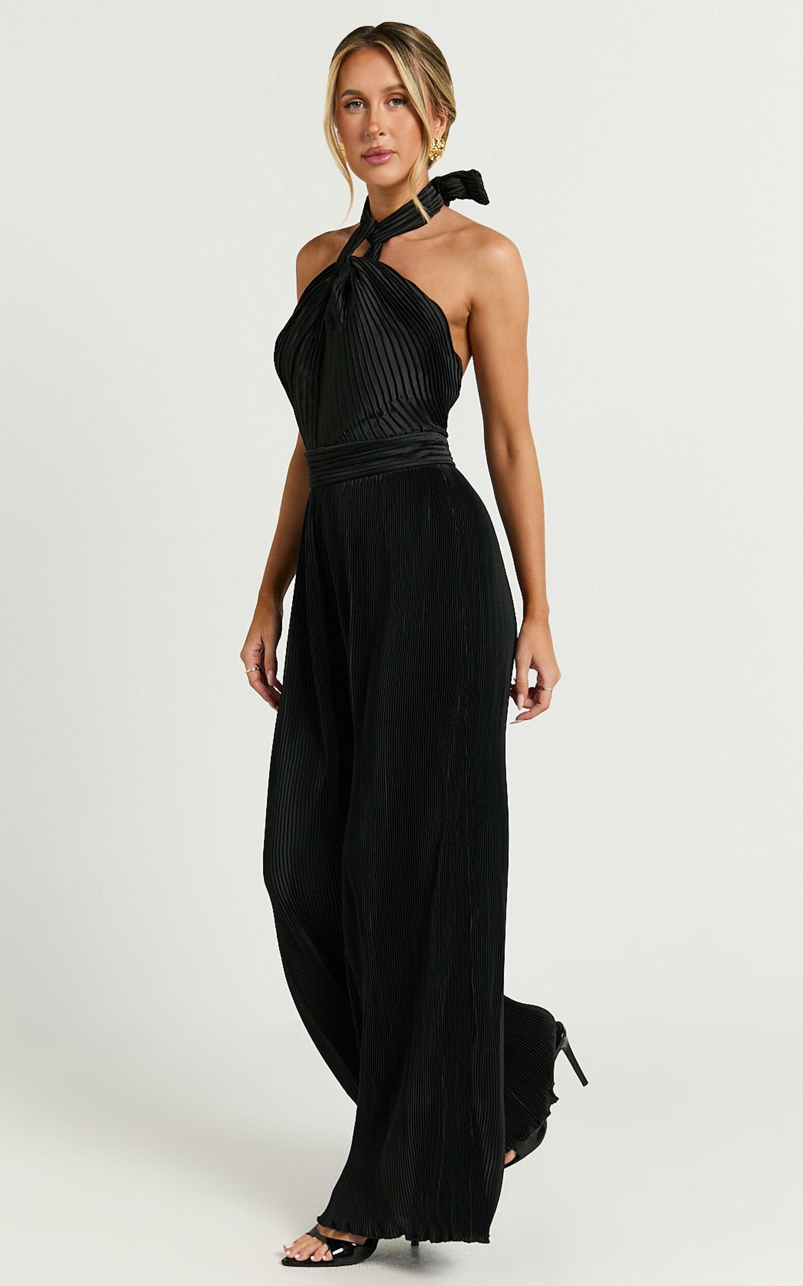 Paris Jumpsuit - Plisse Halter Neck Wide Leg Jumpsuit in Black Product Image