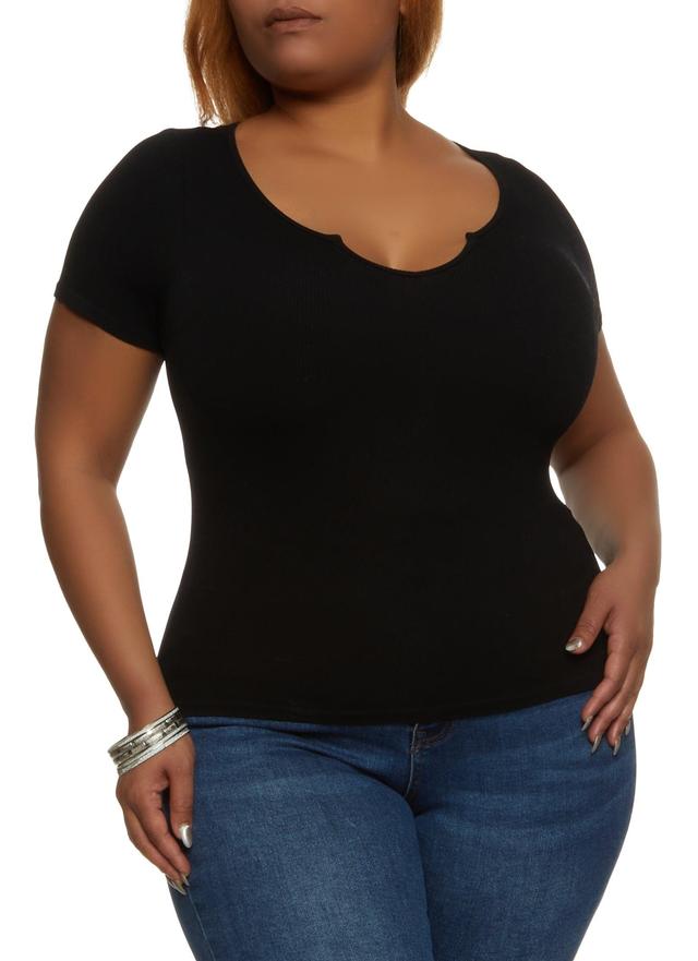 Womens Plus Size Ribbed Knit Notch Neck Basic Tee Product Image