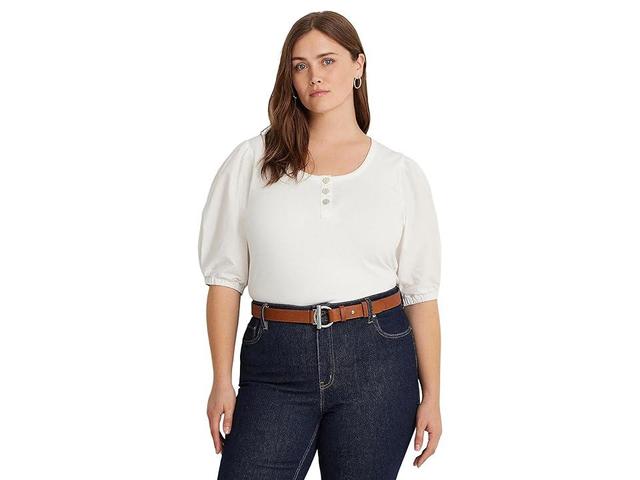 Lauren Ralph Lauren Plus-Size Stretch Cotton Puff-Sleeve Henley Tee Women's Clothing Product Image