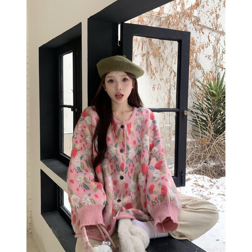 Crew Neck Floral Jacquard Button-Up Cardigan Product Image