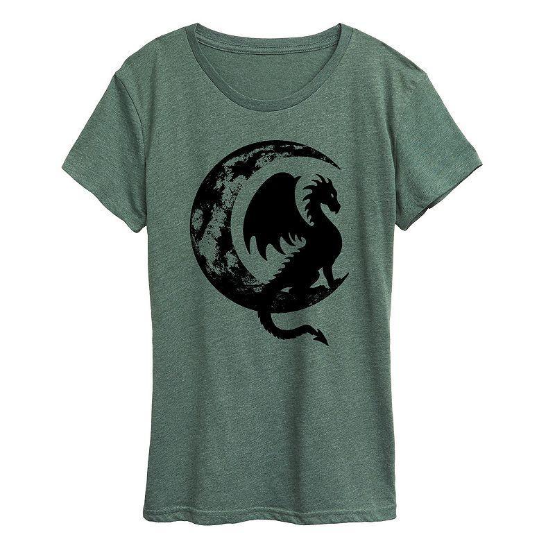 Womens Dragon Sitting On Crescent Moon Graphic Tee Grey Gray Product Image