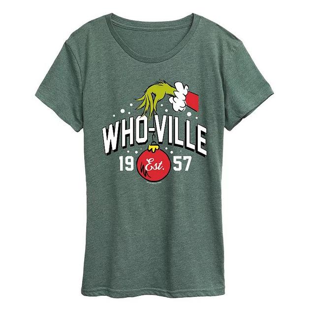 Womens Dr. Seuss Who-Ville Grinch Hand Graphic Tee Grey Green Product Image