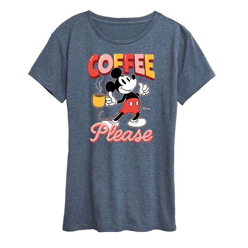 Disneys Mickey Mouse Plus Coffee Please Graphic Tee, Womens Grey Blue Product Image