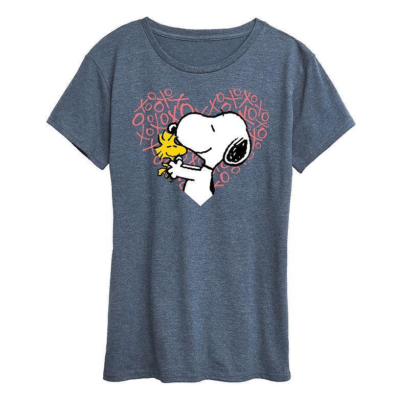 Womens Peanuts Snoopy & Woodstock Heart Graphic Tee Grey Blue Product Image