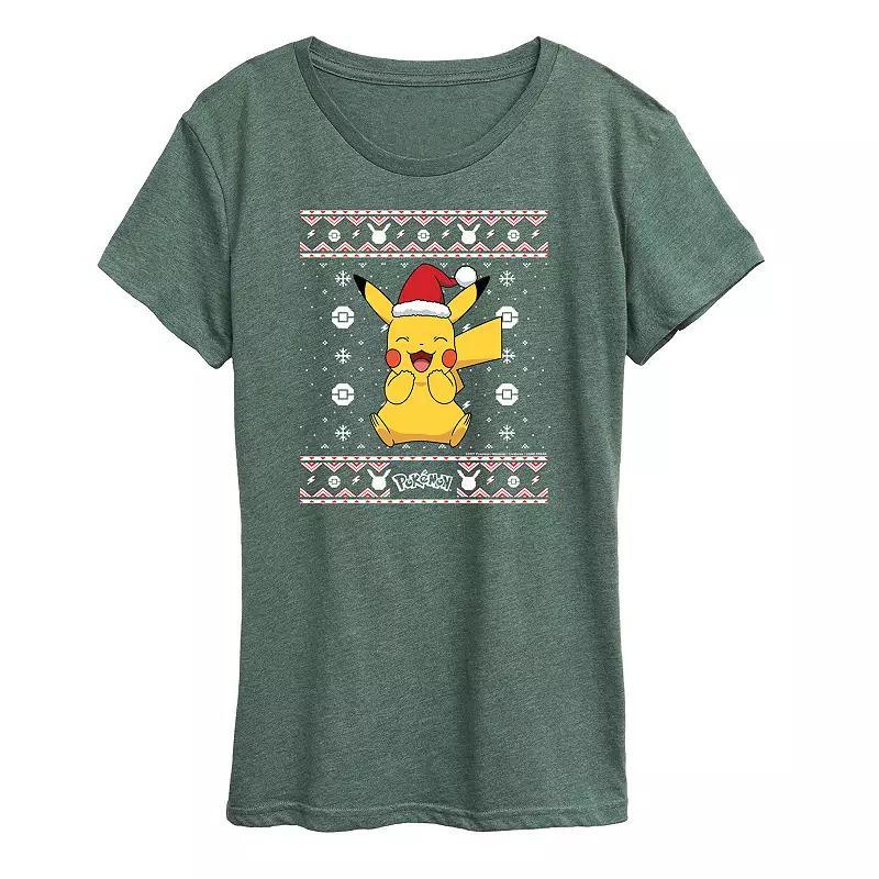 Womens Pokemon Pikachu Sweater Pattern Tee Grey Green Product Image