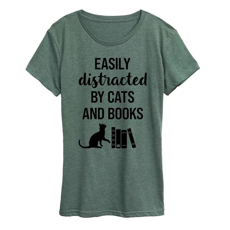 Womens Easily Distracted Cats Books Graphic Tee, Girls Product Image