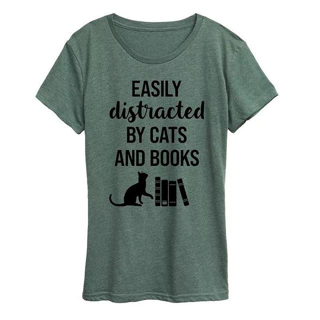 Womens Easily Distracted Cats Books Graphic Tee, Girls Grey Green Product Image