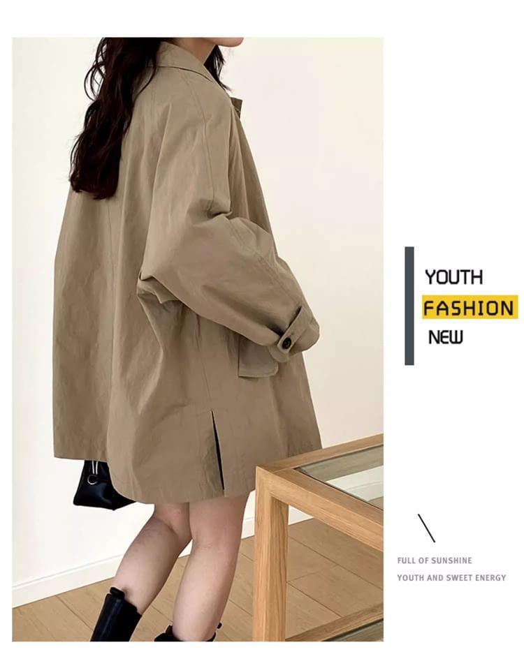 Collared Plain Button-Up Trench Coat Product Image