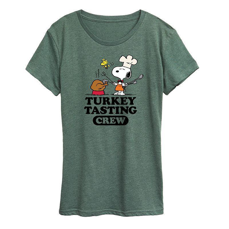 Womens Peanuts Snoopy & Woodstock Turkey Tasting Crew Graphic Tee Green Product Image