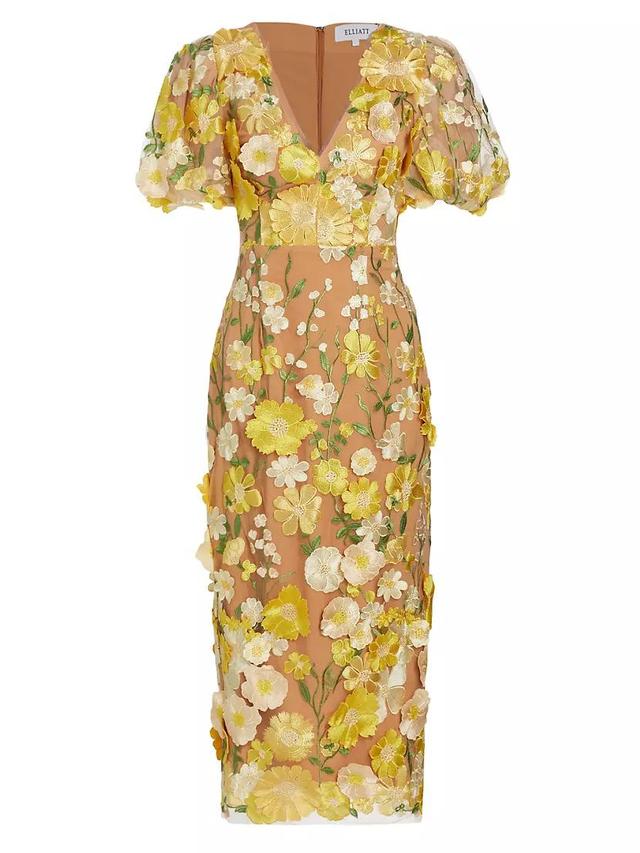 Indie Floral Puff-Sleeve Midi-Dress Product Image