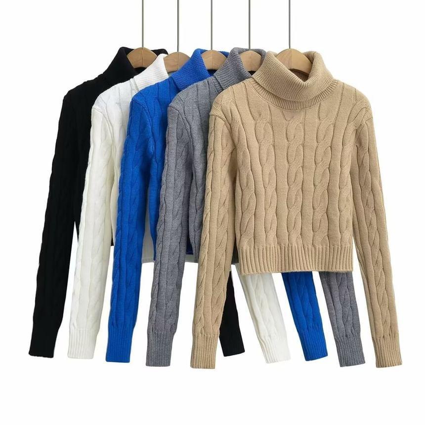 Turtleneck Cable Knit Plain Crop Sweater product image