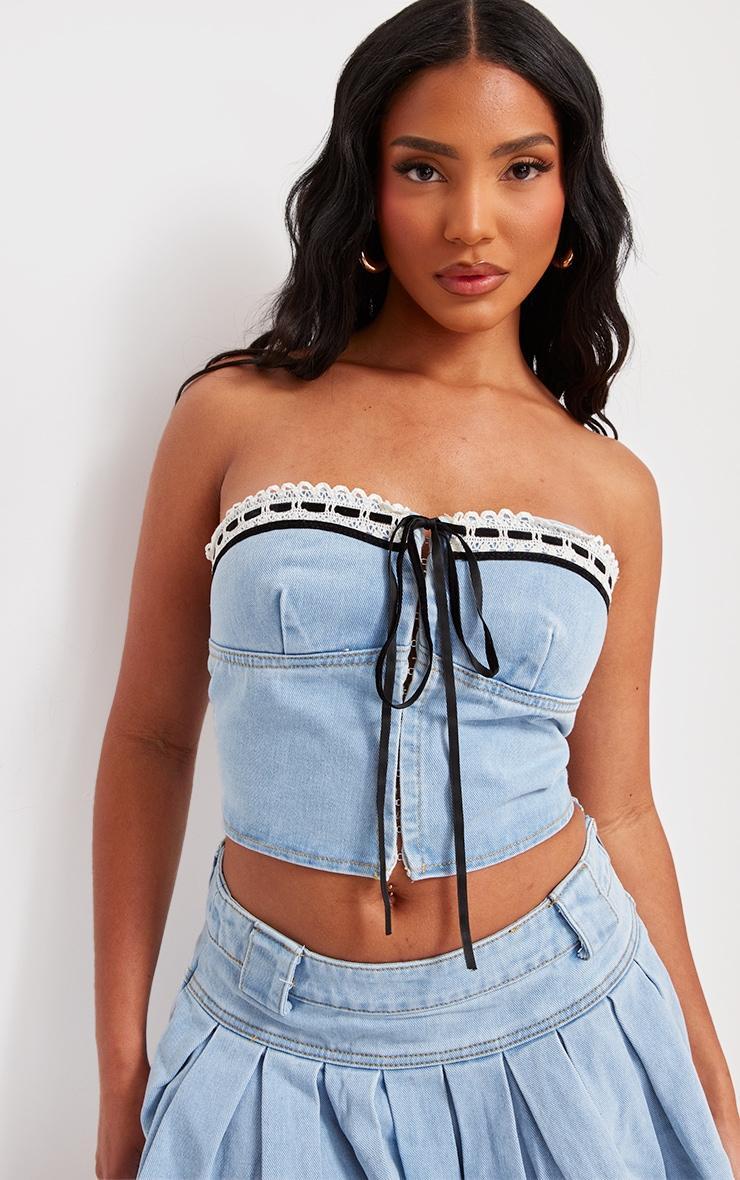 Light Blue Wash Lace Detail Denim Bandeau Crop Top Product Image