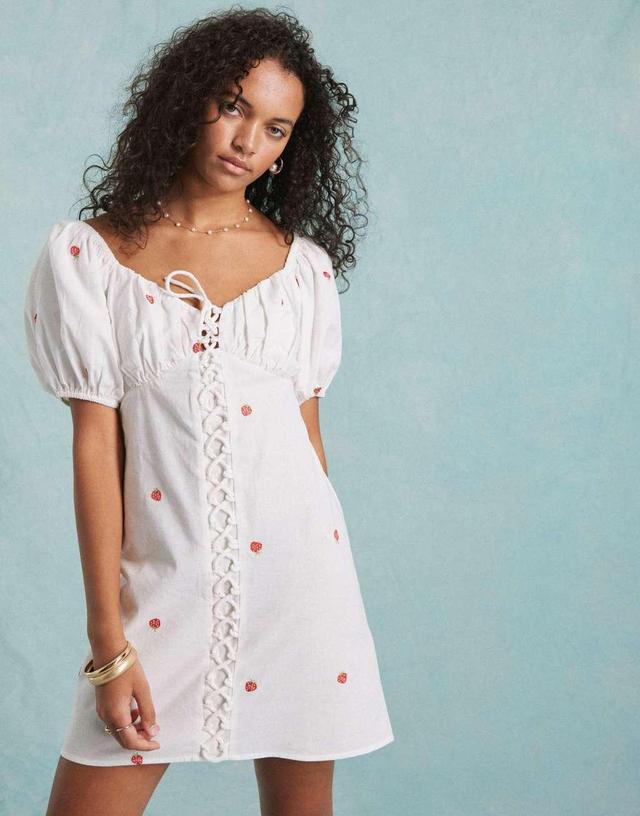 Miss Selfridge linen look mini dress in cream with fruit embroidery Product Image