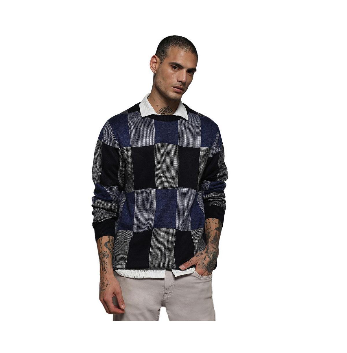 Campus Sutra Mens Blue Block Check Pullover Sweater Product Image