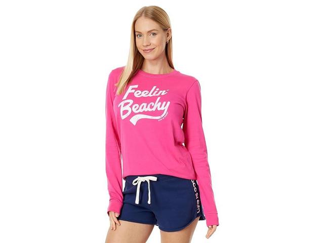 Life is Good Feelin' Beachy Long Sleeve Crusher Tee (Raspberry ) Women's Clothing Product Image