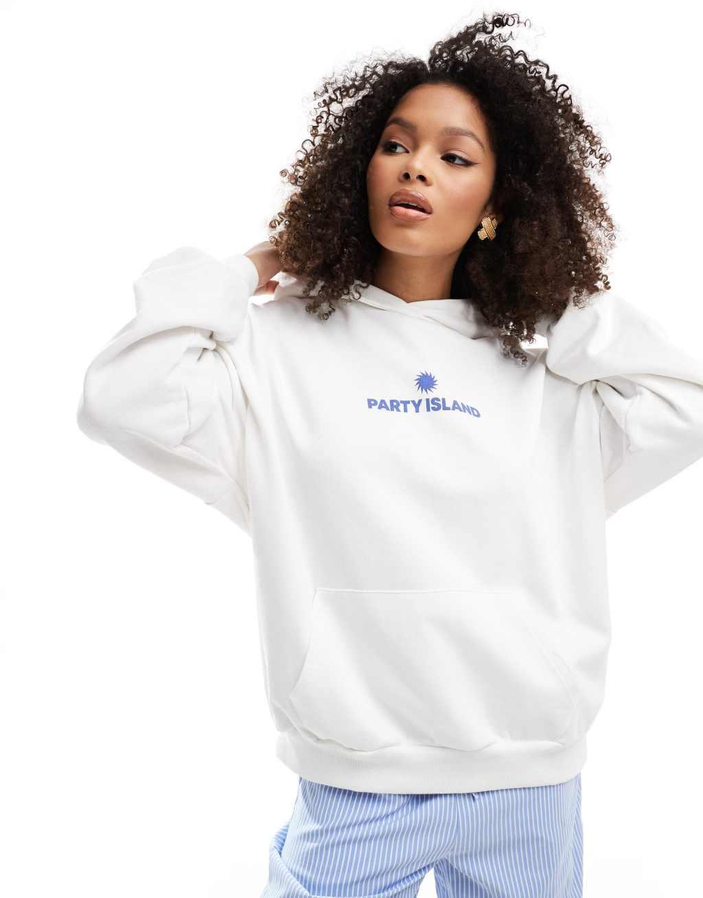 Pull&Bear Ibiza graphic oversized hoodie in white Product Image