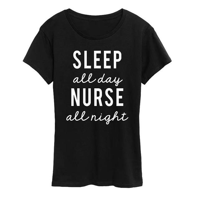 Womens Sleep All Day Nurse All Night Graphic Tee, Girls Grey Blue Product Image