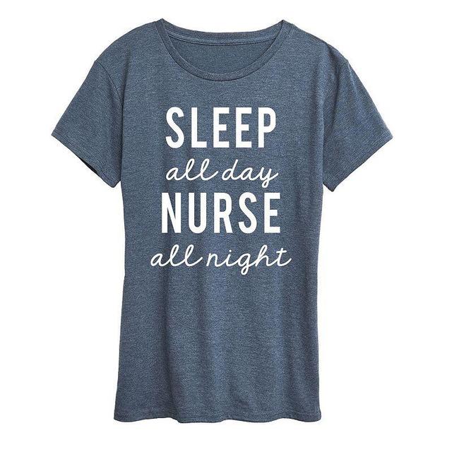 Womens Sleep All Day Nurse All Night Graphic Tee, Girls Grey Blue Product Image