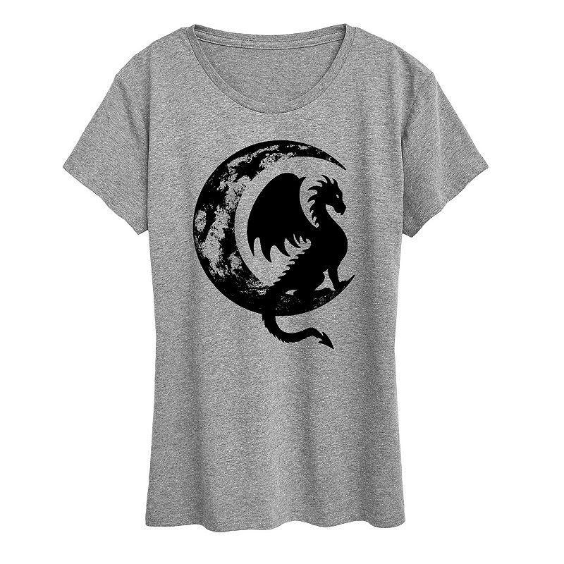 Womens Dragon Sitting On Crescent Moon Graphic Tee Grey Gray Product Image