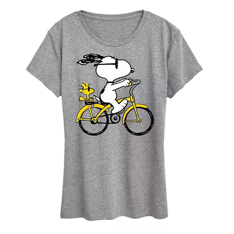 Womens Peanuts Snoopy & Woodstock Riding Bike Graphic Tee Grey Gray Product Image