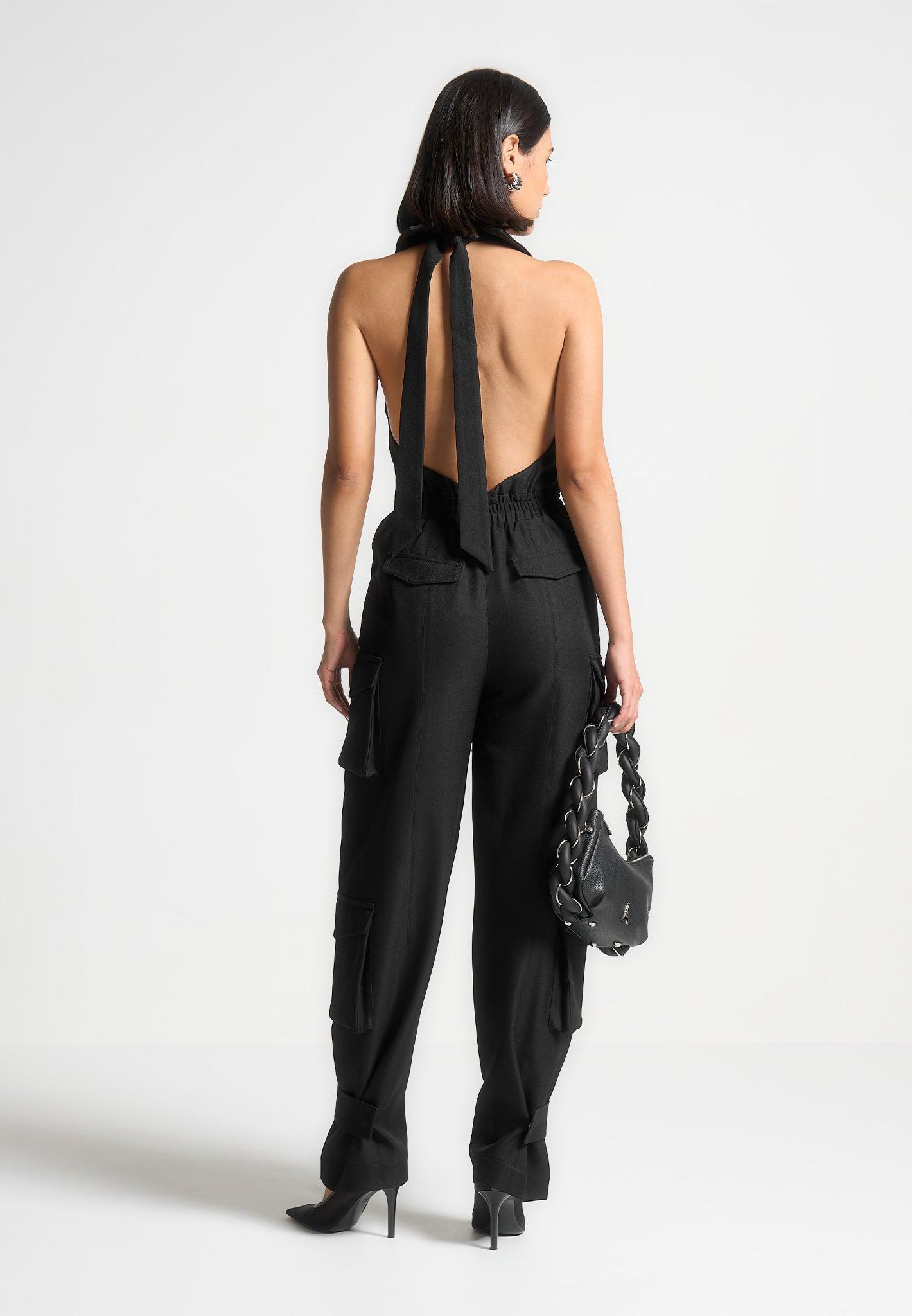 Tailored Halterneck Cargo Jumpsuit - Black Female Product Image