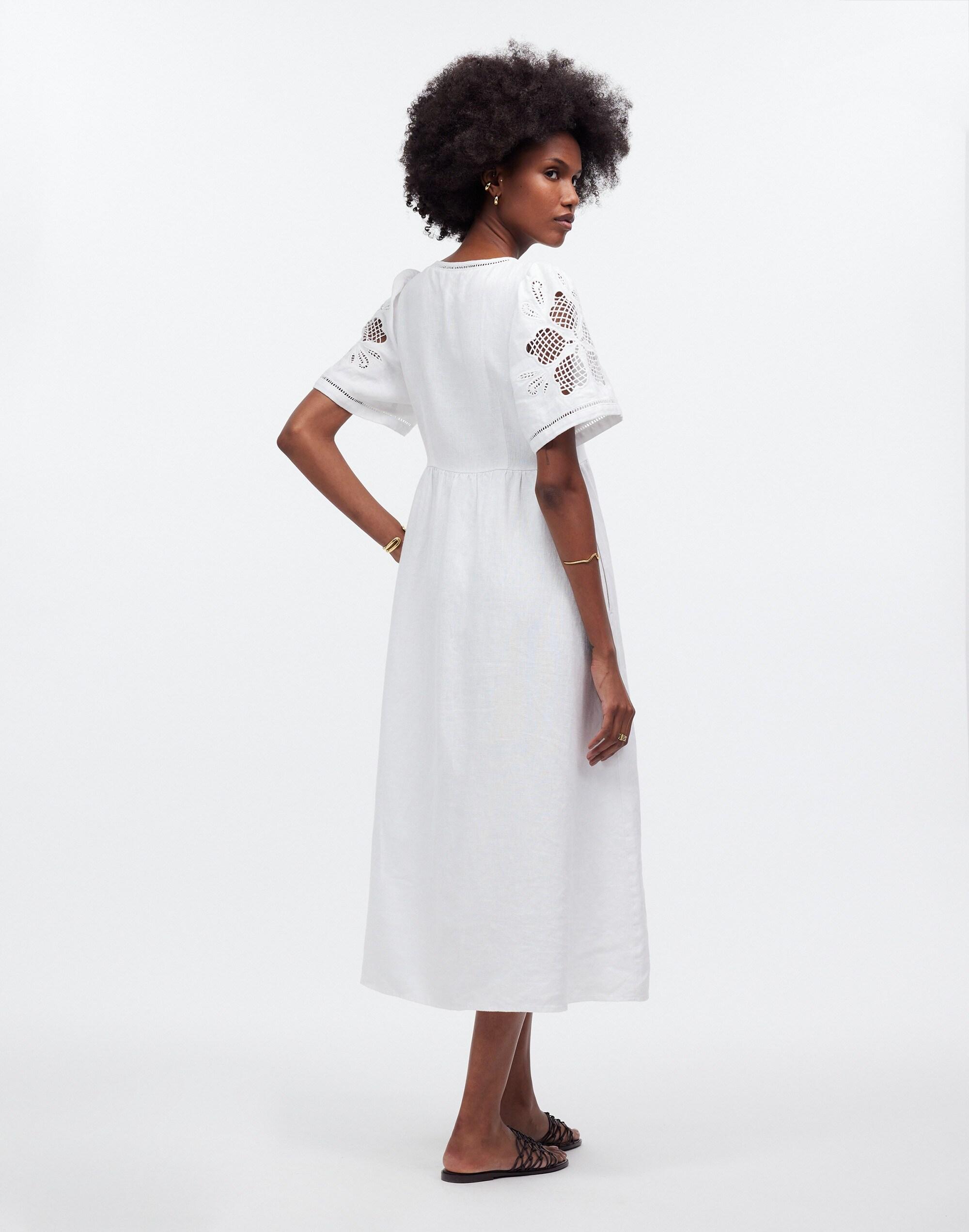 Cassie Button-Front Midi Dress in Embroidered Linen Product Image