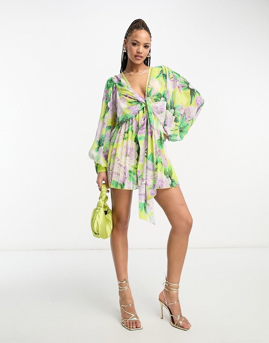 ASOS DESIGN tie front batwing pleated romper Product Image