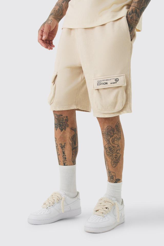 Tall Loose Fit Washed Cargo Jersey Short In Stone | boohooMAN USA Product Image