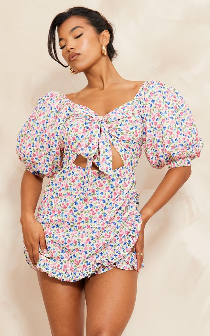 Multi Floral Print Puff Sleeve Tie Front Bodycon Dress product image