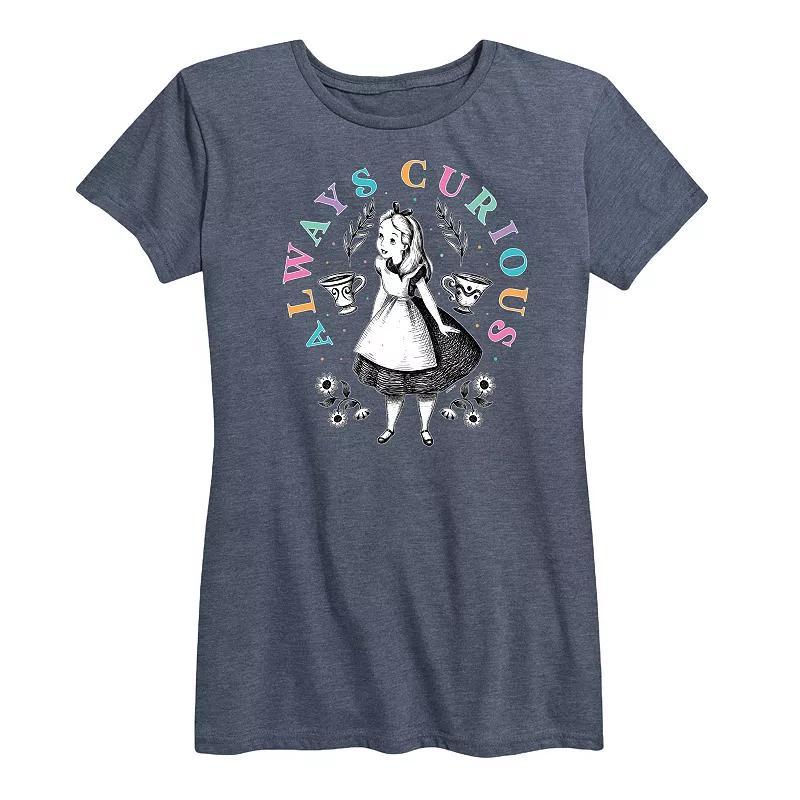 Disneys Alice in Wonderland Womens Always Curious Graphic Tee, Girls Heather Grey Product Image