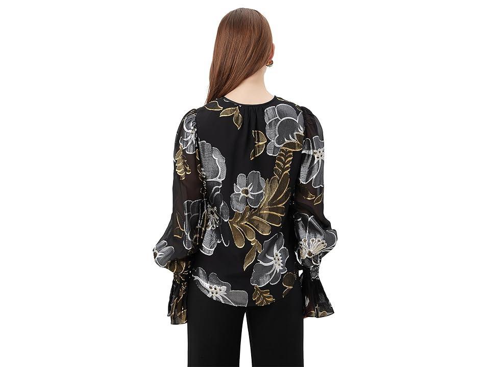 Trina Turk Kaito Metallic Floral Print V-Neck Long Balloon Sleeve Top Product Image