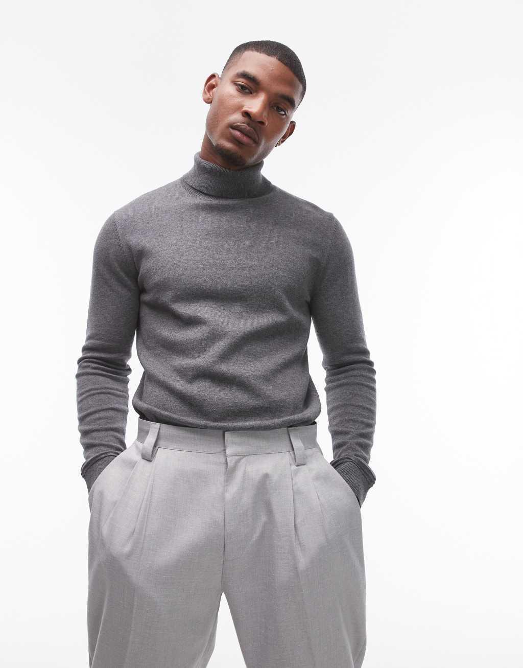 Topman essential turtleneck sweater in charcoal Product Image