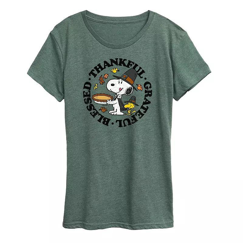 Womens Peanuts Snoopy & Woodstock Thankful Graphic Tee Green Product Image