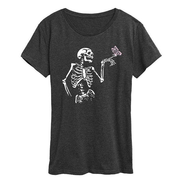 Plus Size Skeleton With Butterfly Graphic Tee, Womens Heather Grey Product Image